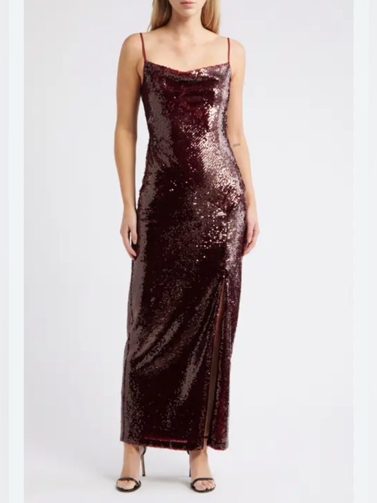 julia jordan Dresses & Skirts - Julia Jordan Sequin Cowl Neck Side Slit Maxi Dress in Red Wine Color Slip NWOT
